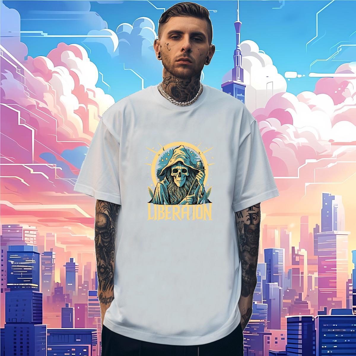 Soft T-Shirts 230g 100% Cotton skull Sport Anime Print Crew Neck Tshirts Fashion Casual Polos