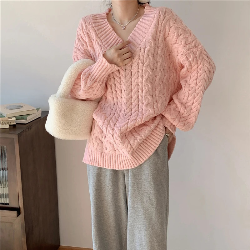 Solid Sweater Women Korean Fashion V Neck Knitted Pullovers Pink Long Sleeve Knitwear Winter Streetwear Casual Jumpers Tops 240824