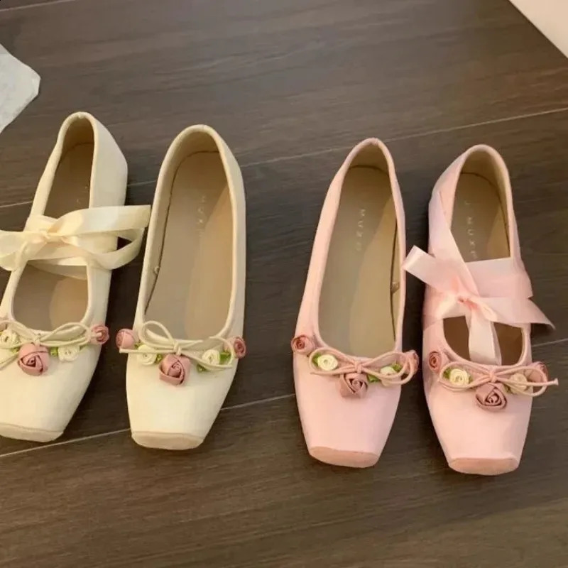 Womens Flat Shoes Pink Ballet Womens Single Shoes Fashion Lace Girls Mary Jane Shoes Sweet Flower Women Spring 240823
