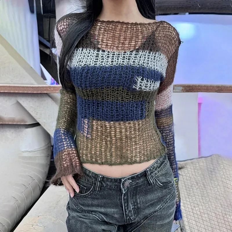 HOUZHOU Y2k Aesthetics Crop Knit Tops Vintage Grunge Hollow Out Jumpers Japanese 2000s Hole Pullover Korean Dongdaemun Knitwear 240824