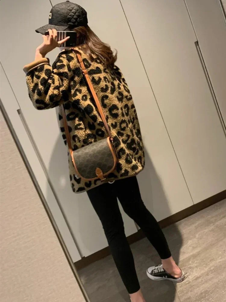 womens casual jacket single chest faux fur leopard print long sleeved winter clothing outerwear streetwear 240824