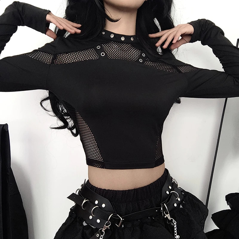 CIBBAR Gothic Black Crop Top Chic See Through Mesh Patchwork Full Sleeve Skinny Basic T-shirt Women Punk Style Stitched T Shirts 240824