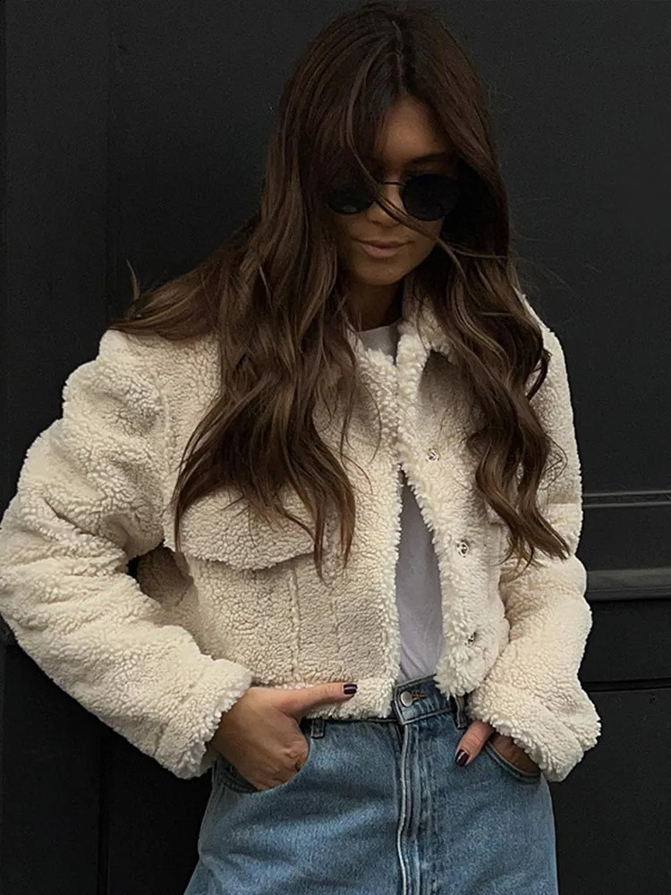 Leisure artificial cashmere short sleeved womens winter coat long lapel pocket autumn jacket warm streetwear 240824