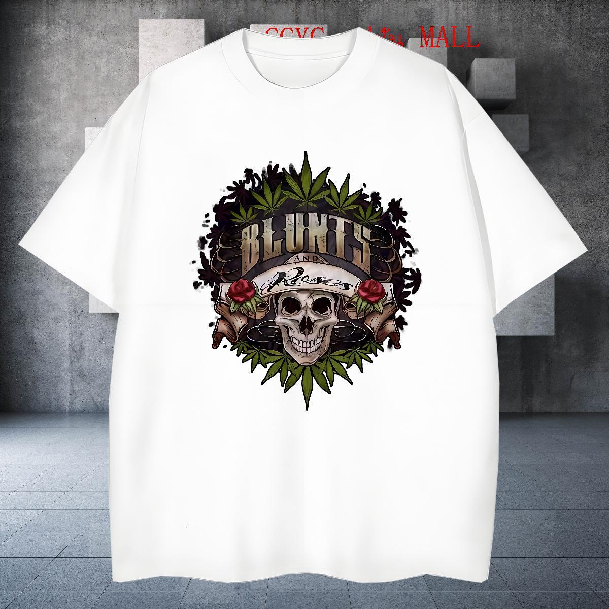 Loose Men T Shirts 100% Cotton 230g skull Sports Casual Floral Print Crew Neck Breathable Men Tops Tees Classic Casual Clothings