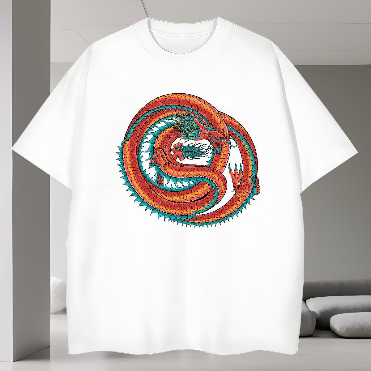 Popular T-Shirts for Men 230g Pure Cotton dragon Hip Hop Cartoon Printing L-4XL O-Neck Short Sleeve Men Clothes T-Shirt 2024 Summer Polos