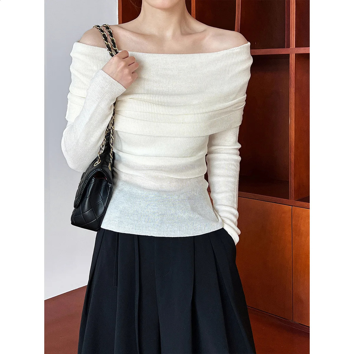 Lightweigth Off Shoulder Sweater Top Women Long Sleeve Knitted Shirt for Spring Pink Grey Beige Black Outfit 240824