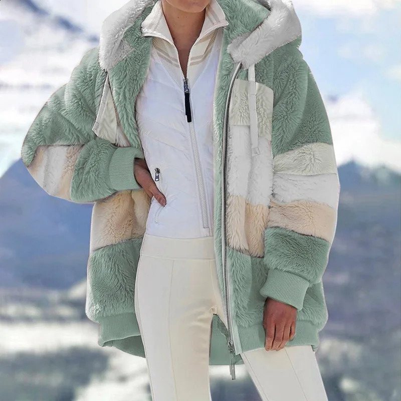 Winter Womens Plush Coat Fashion Hooded Zipper Jacket Casual Oversized Splicing Plain Knitted Artificial Fur Warm Parka 240824