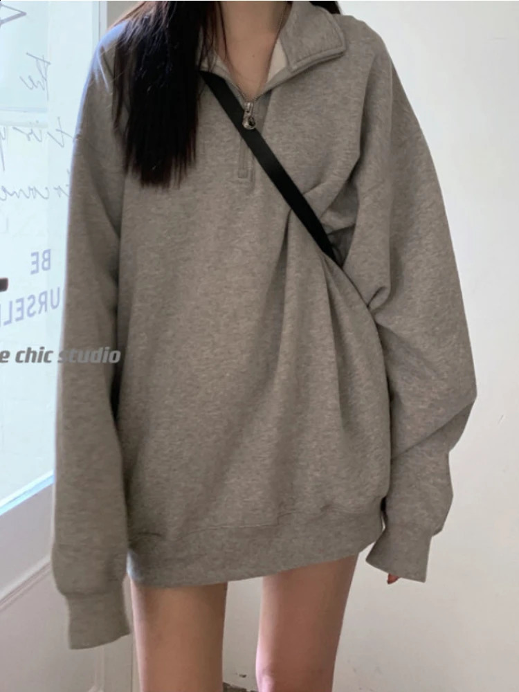 Deeptown Korean Fashion Gray Oversized Sweatshirts Women Harajuku Zip Up Hoodie Vintage Loose Casual Polo Collar Pullover Tops 240824