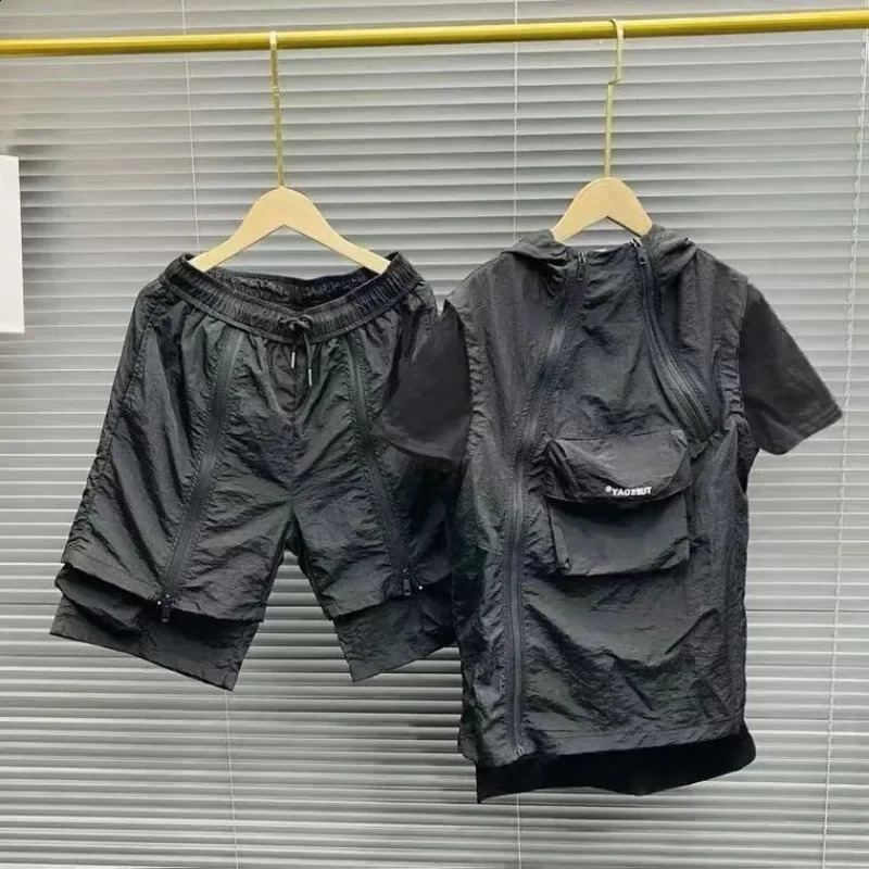Summer Mens Two Piece Set Casual TShirt and Shorts Printed Zipper Hooded Loose Japanese Handsome Thin Light Sports Suit 240824