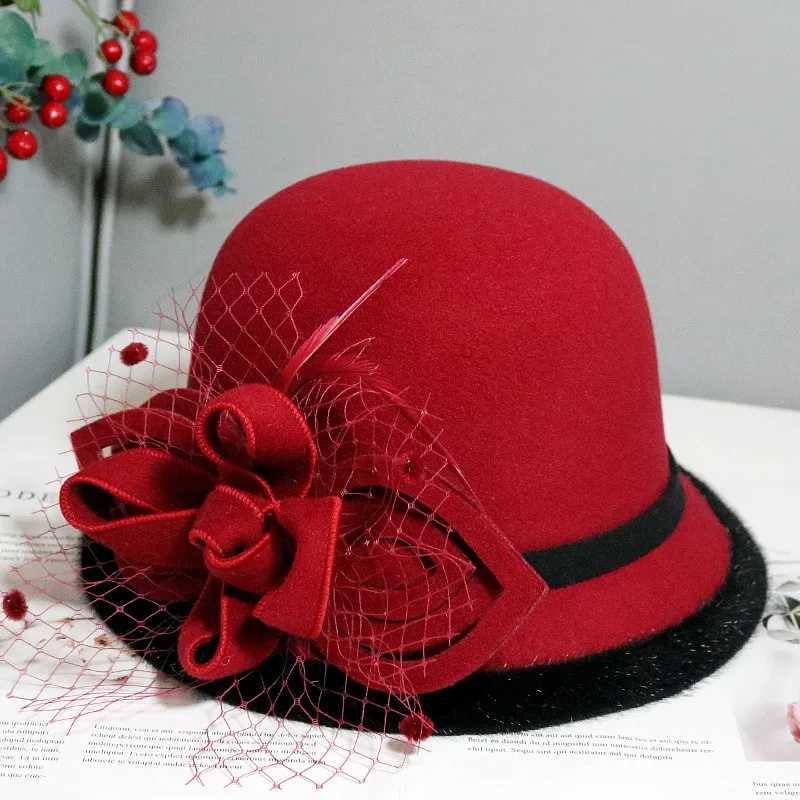 Wide Brim Hats Bucket Hats French womens Fedora hat bow ribbon wool jazz felt hat womens winter autumn church elegant dress hat table tennis bowling L