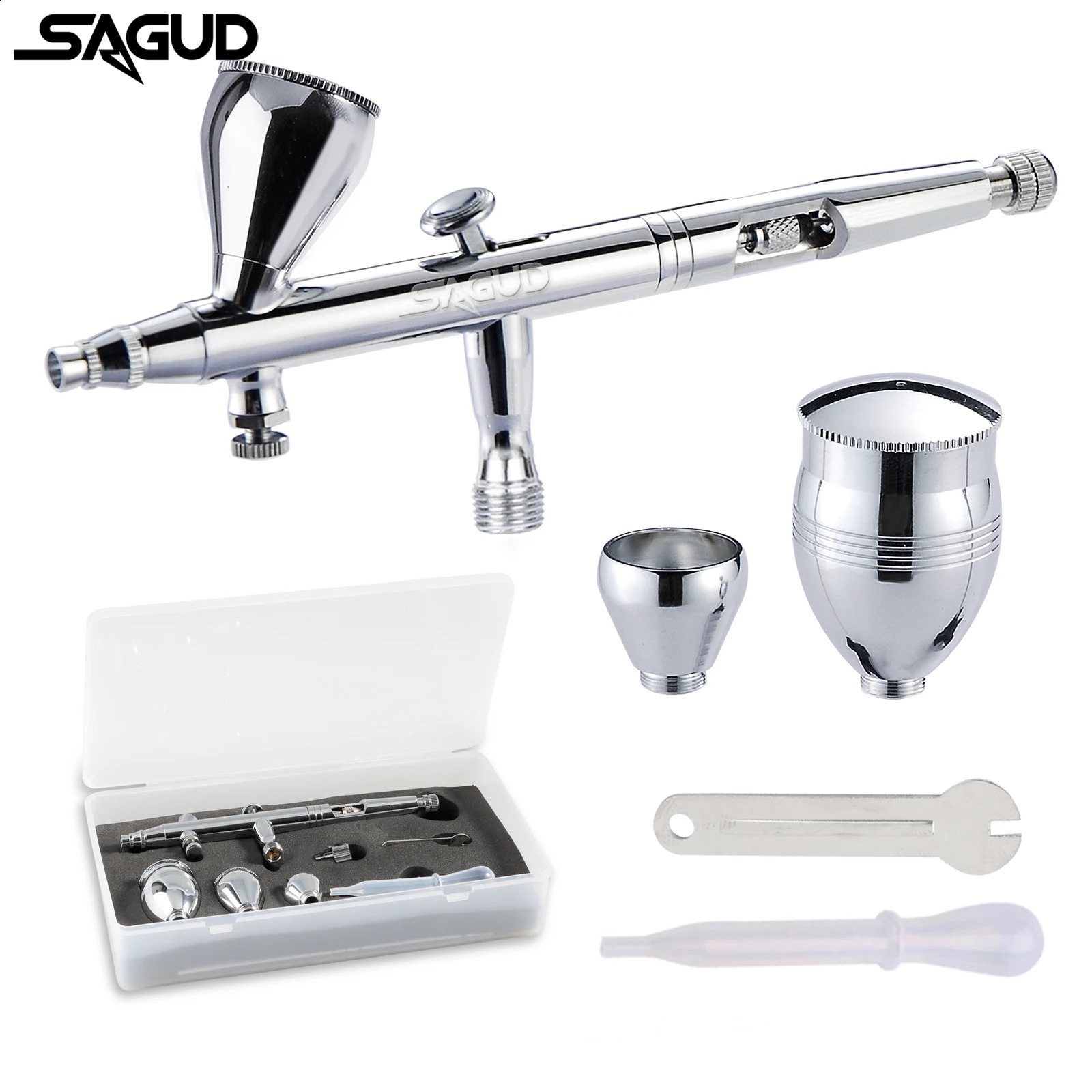 SAGUD double action spray gun kit 0.m air brush with 2/5/13CC spray cup and wrench dropper tool for cake tattoo nail painting 240823