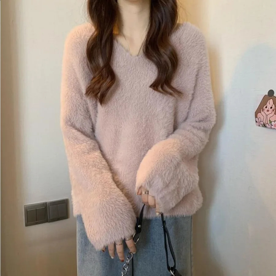 Knitted Sweater Korean Fashion Women Preppy Mink Hair Pullover Autumn Winter Casual Loose Sweet Top Long Sleeve Warmth Knitwear 240824