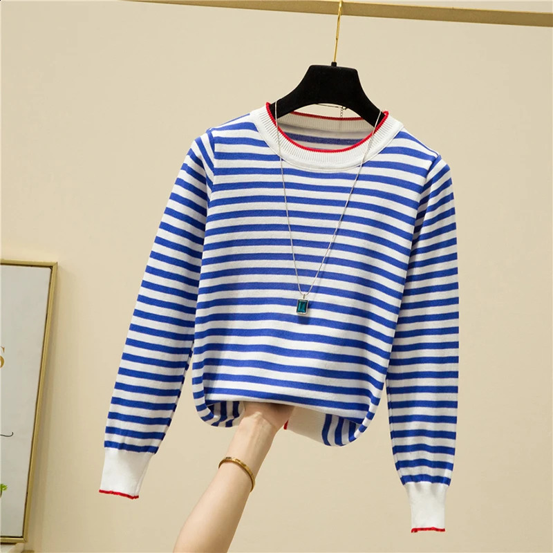 Knitting Sweater Womens O Neck Loose Long Sleeve Thin Soft Pullover Tops Femme Striped Basic Casual All-match Knitwear Female 240824