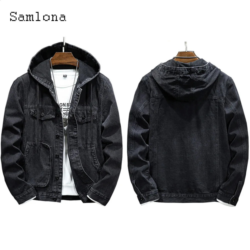 Plus Size 4xl 5xl Mens casual hooded denim jacket long sleeved multi pocket retro basic 240824