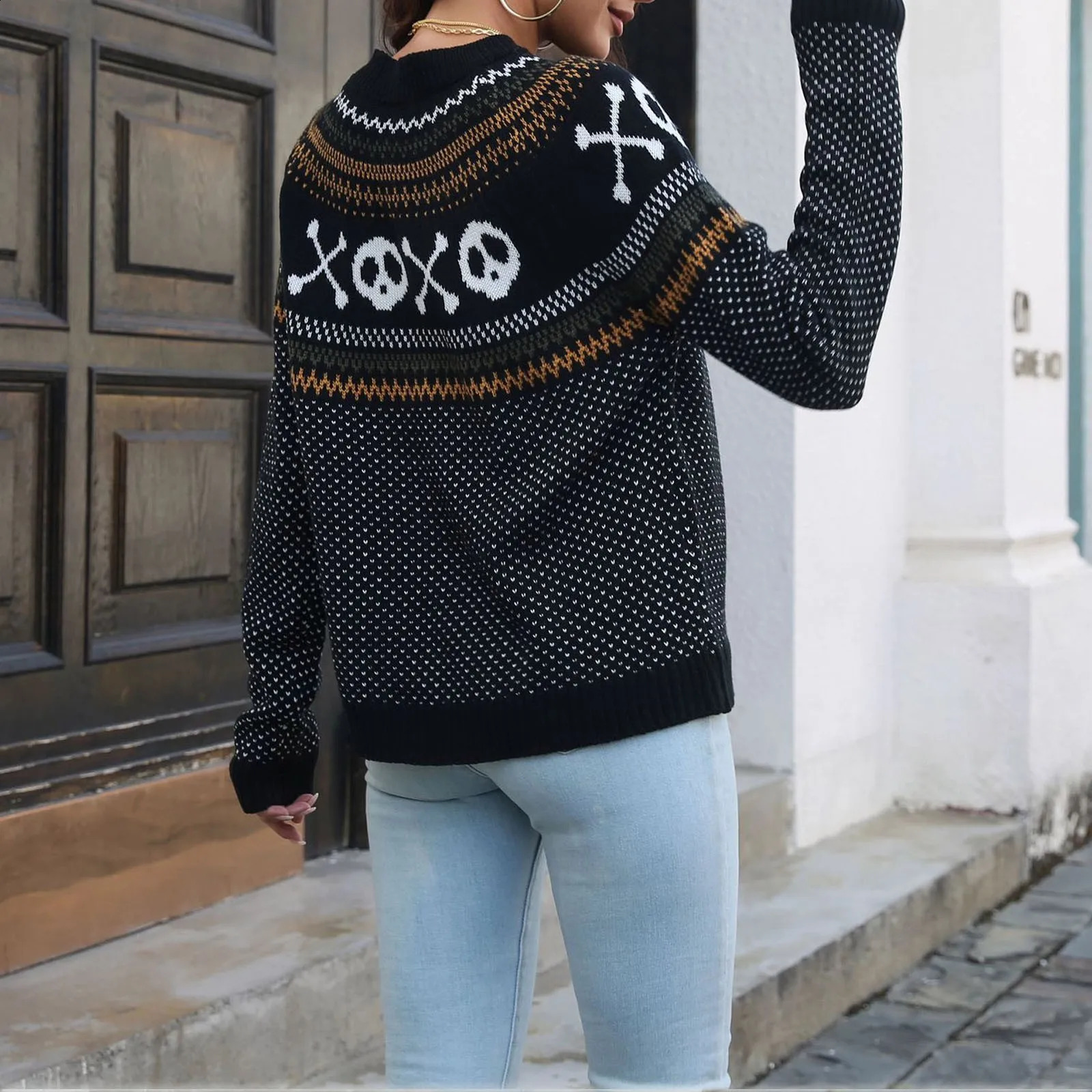 Halloween Loose Retro Knitted Sweater Polka Dot Print Long Sleeved Casual Pullover Round Neck Autumn Winter Jumper Women 240824