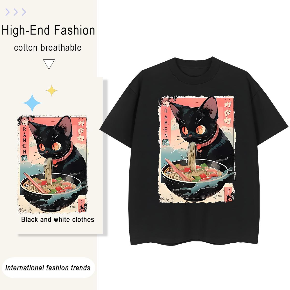 Custom Tshirt for Man Woman The cat eats ramen noodles Home Outdoor 230g 100% Cotton Tees Short Sleeve O-Neck Brand Man T Shirts DIY Printed