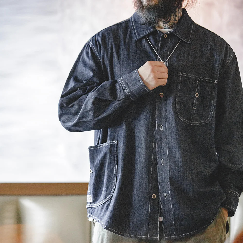 Maden vintage large pocket washed denim shirt mens casual 240g button up long sleeved Amekaji loose workwear top 240824