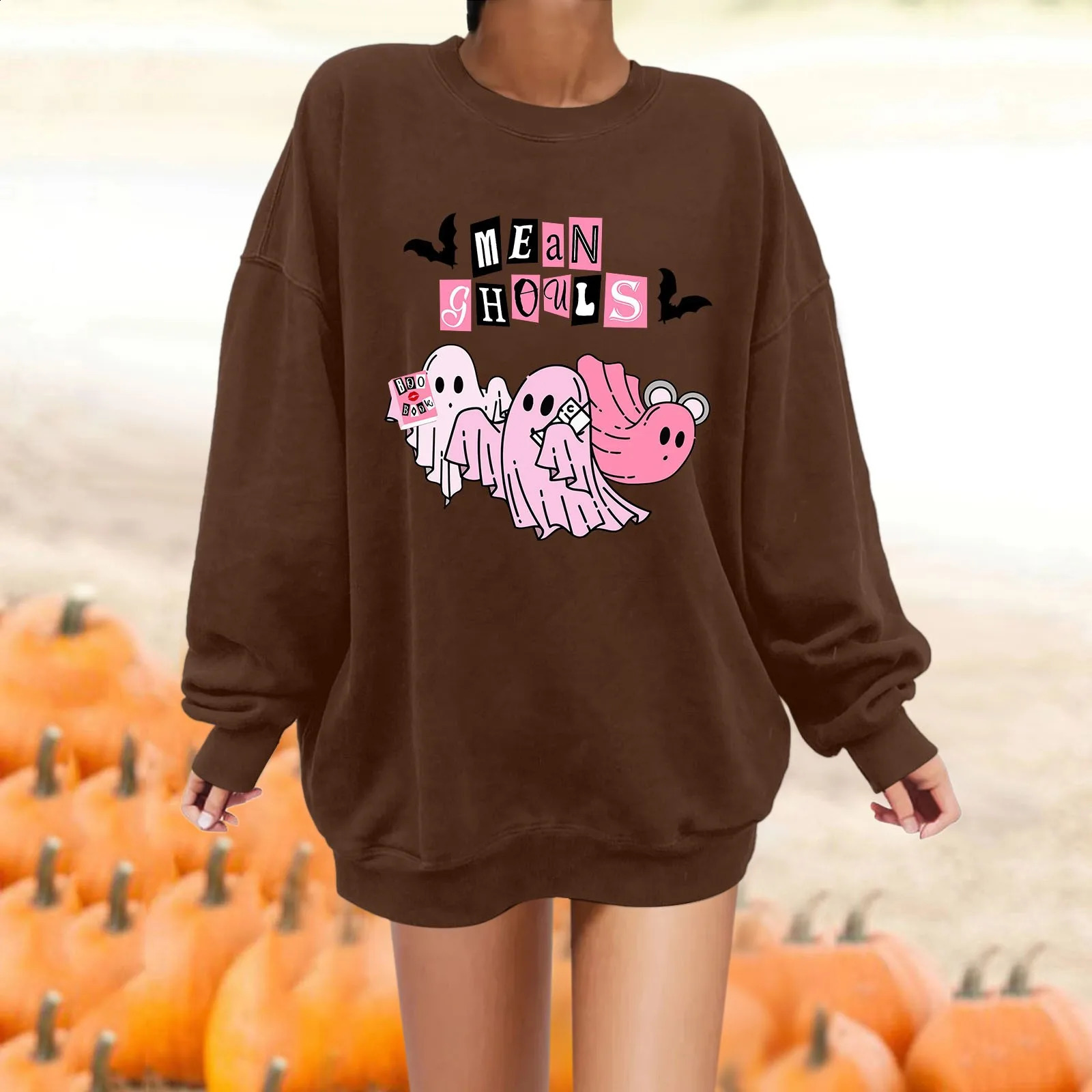 Womens Halloween Hoodie Bat Ghost Multi-Element Printed Hoodie Winter Beautiful Warm All Match Casual Pullover Fashion Hoodie 240824