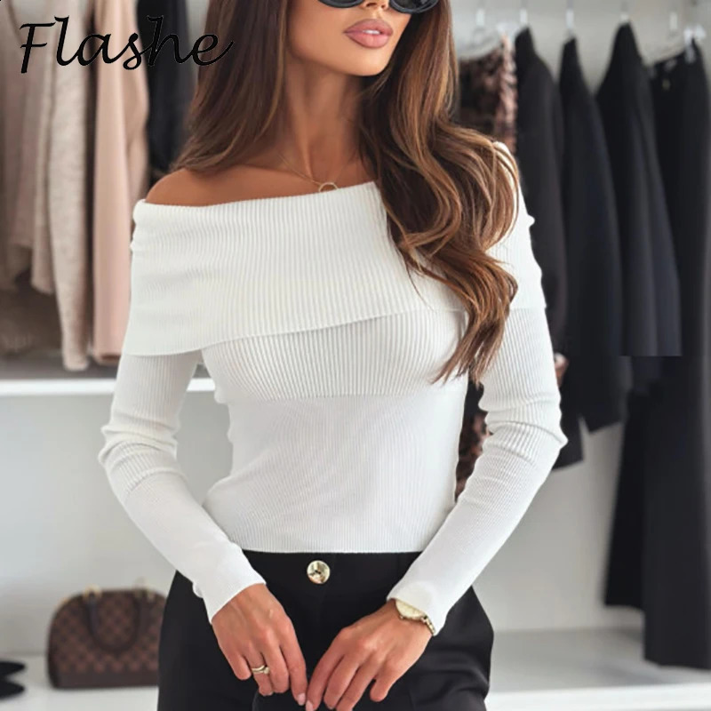 Women Elegant Long Sleeve Knitted Jumper Blouses Women Autumn Solid Color Sexy Off Shoulder Shirt White Black 240824