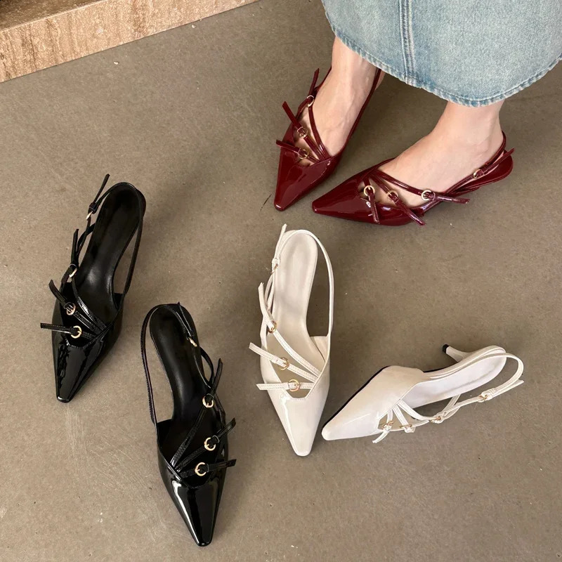 Women's hot Pointed Toe Slingback Buckle Pumps - Sexy Narrowband Thin Heel Wedding Party Mules 2024