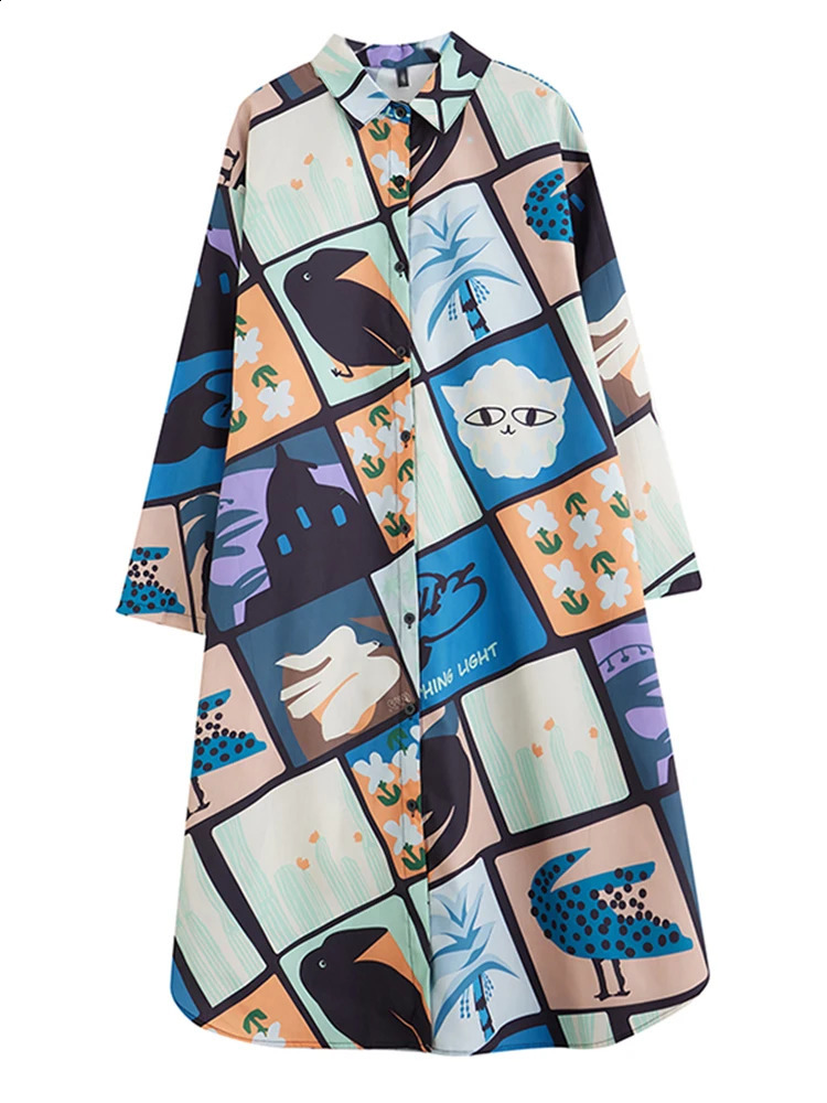 XITAO Loose Asymmetric Print Dress Simplicity Long Sleeve Casual Single Breasted Women Autumn Trend All-match Dress HJF8188 240824