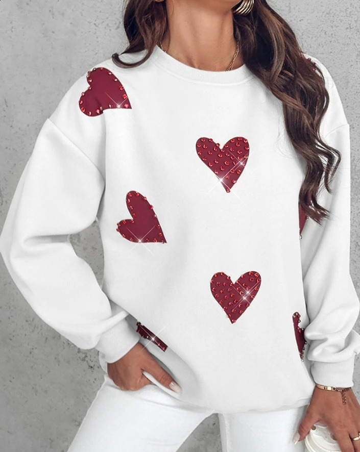 Elegant Fashion Autumn Winter Casual T-Shirt Pullover Tops Heart Print Long Sleeve Rhinestone Decor Sweatshirt 240824