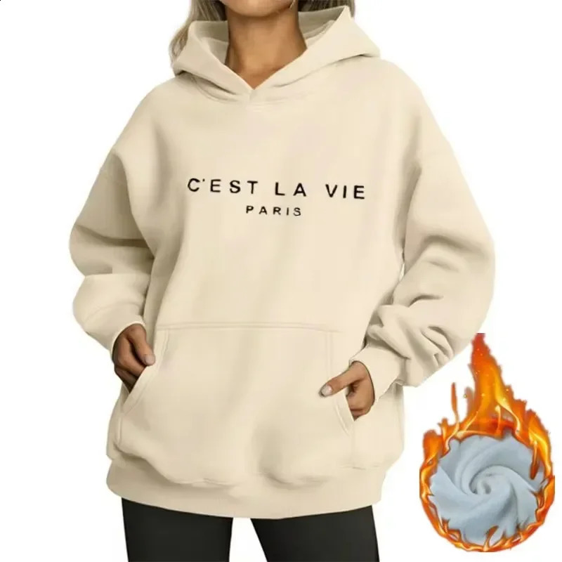Autumn Winter Women Fleece Hoodies Thick Warm Female Long Sleeve Hooded Sweatshirts Casual Print Lady Loose Pullover Tops 240824