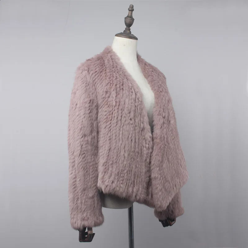 Real rabbit fur knitted open collar jacket natural handmade irregular coat 240824