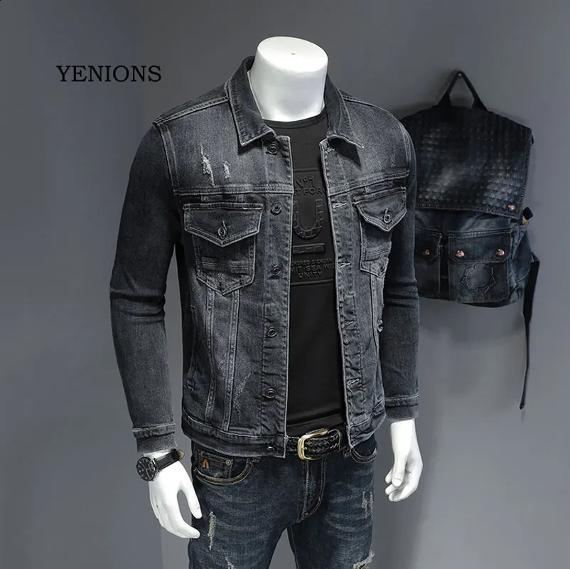 Mens denim jacket blue gray cotton swivel collar long sleeves ultrathin clothes motorcycle jeans mens 240824