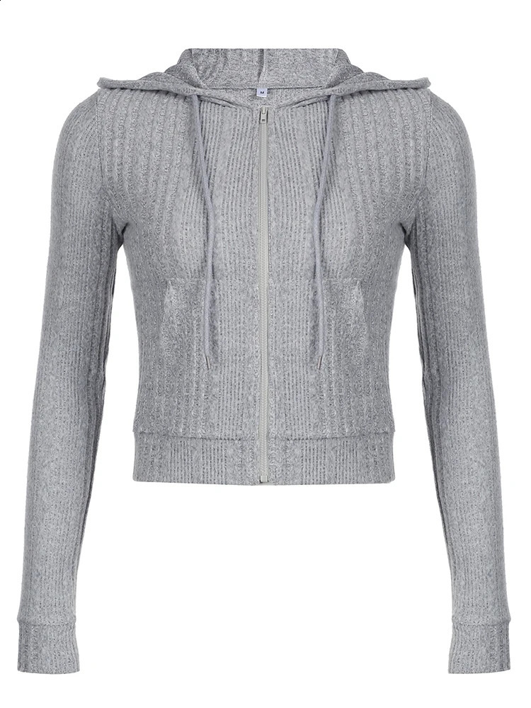 Gray Zip Up Knitted Hooded Jackets Women Pockets Details Solid Simple Basic Minimalist Slim Long Sleeve Hoodies Knitwear 240824