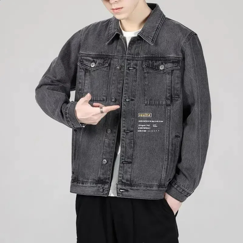 Grey autumn mens denim jacket button blue cargo Jean Coats retro winter oversized loose single piece fabric 240824