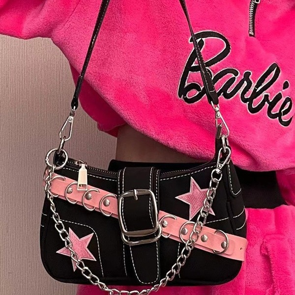 Star denim armpit bag fashionable trend niche design crescent bag canvas handbag chain bag