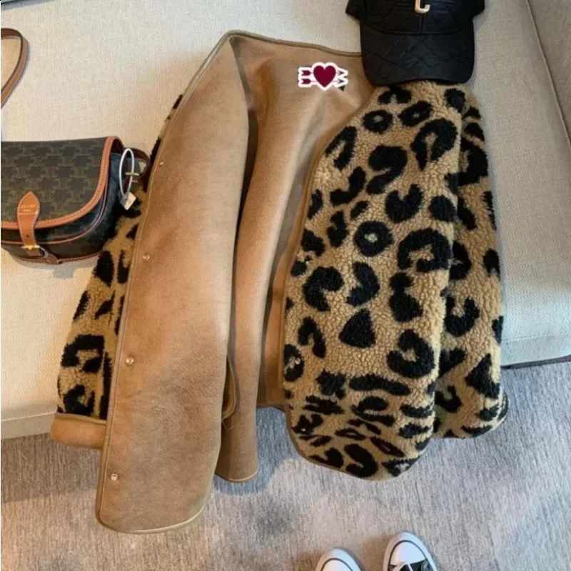 womens casual jacket single chest faux fur leopard print long sleeved winter clothing outerwear streetwear 240824