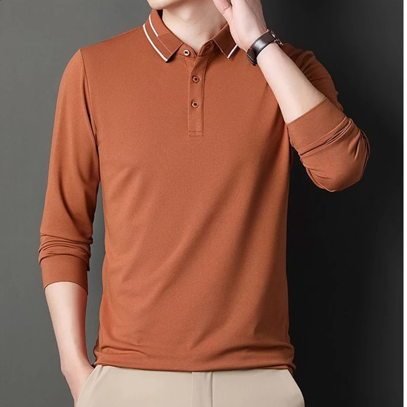 Mens Solid Long Sleeve T-shirt Polo Spring Autumn Casual Loose Bottom Casual Business Clothing Fashion Button Shirts 240824