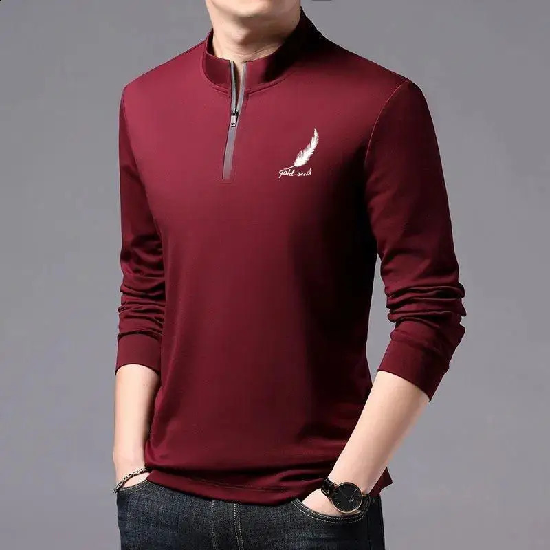 Business Casual Men Solid Zippers Polo Shirts Spring Autumn Male Clothes Long Sleeve Loose Stand Collar Fashion Versatile Tops 240824