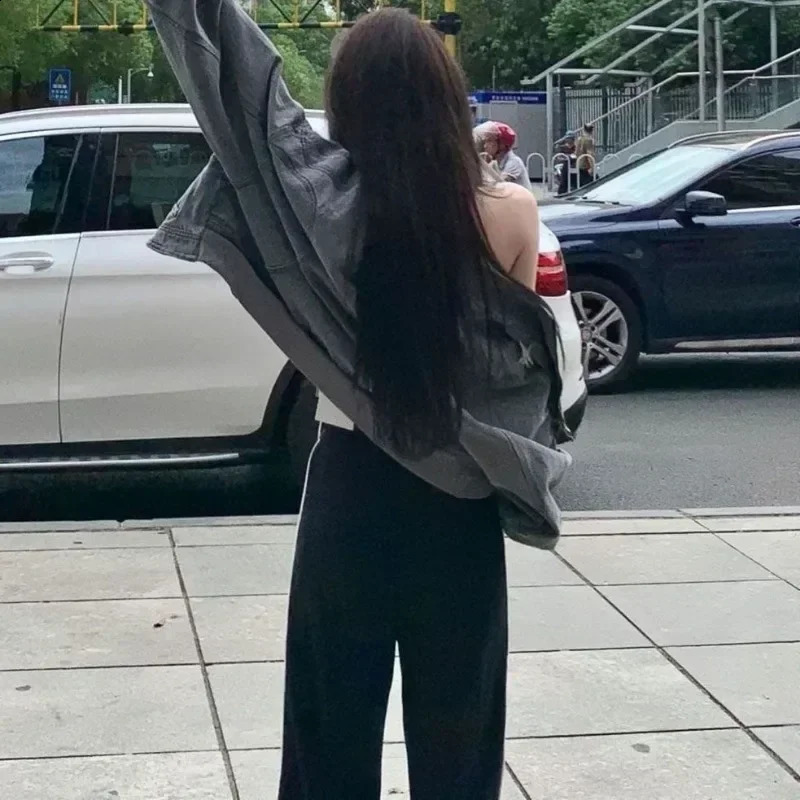 ZMZBCH Grey Women Denim Jackets Y2k Cross Crop Oversize Zip Jackets Coat Hippie Streetwear 90s Harajuku Womens Clothing 240813