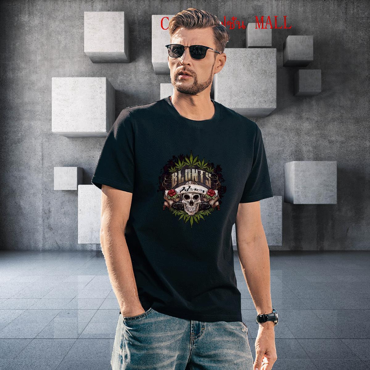 Loose Men T Shirts 100% Cotton 230g skull Sports Casual Floral Print Crew Neck Breathable Men Tops Tees Classic Casual Clothings
