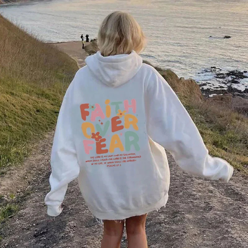 FAITH OVER FEAR style letter fashion printing hooded back collar plus velvet sweater for women 240824