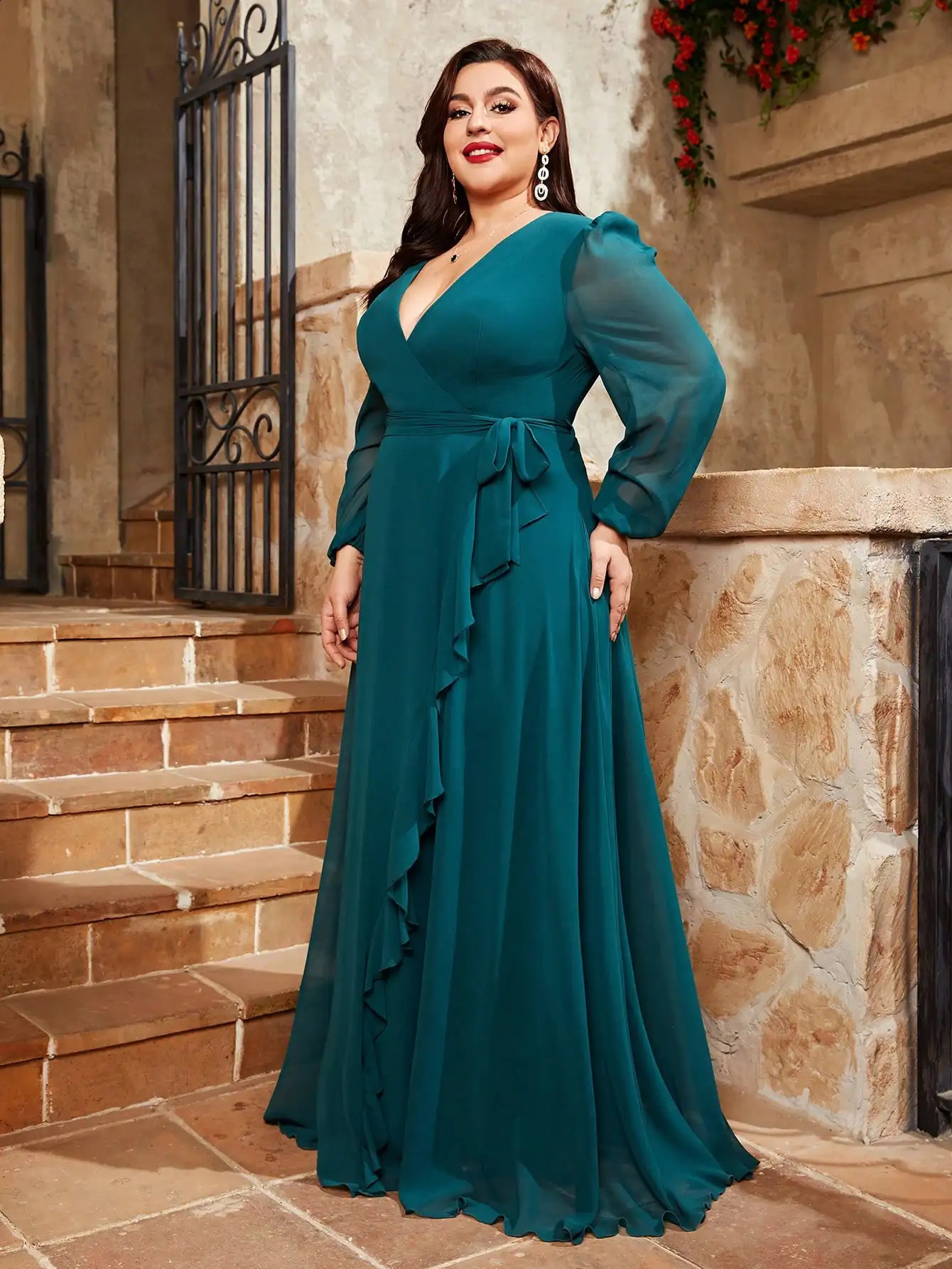 Mgiacy Plus Size V-Neck Irregular Cross Long Sleeved Pleated Chiffon Full Skirt Evening Party Gown 240824