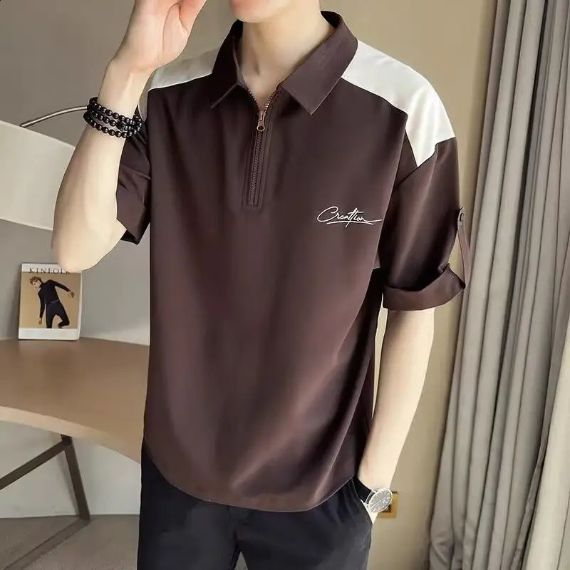 friend Summer Spliced Polo Shirts Zipper Fashion Solid Color Loose Comfortable All-match Casual Short Sleeved Tops 240824