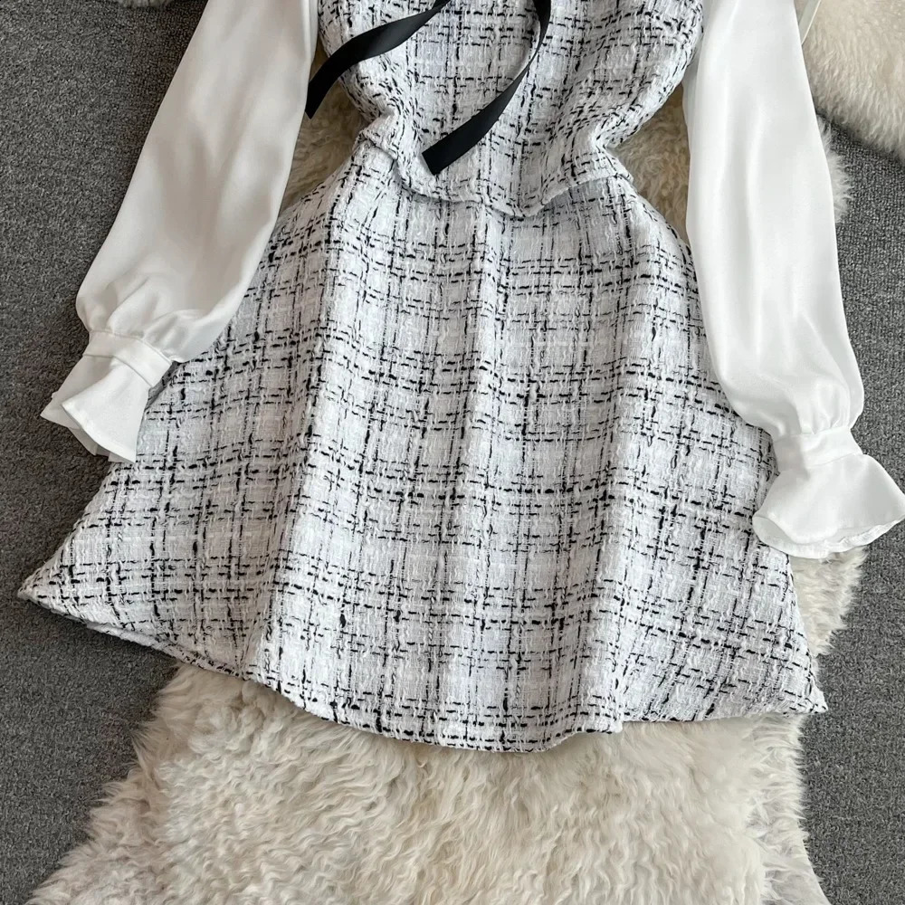 False Two Pieces Dresses for Women Plaid Patchwork Stand Collar Long Sleeve Tweed Vestidos Autumn Female Dress Drop 240824
