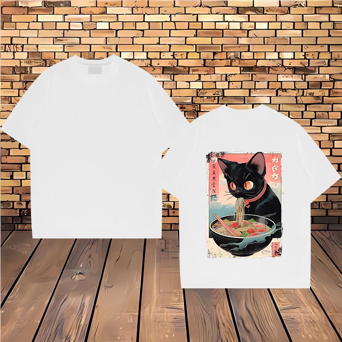 Stylist Men Clothes T-Shirt The cat eats ramen noodles Street wear Hip Hop 230g 100% Cotton Wear Crew Neck Breathable Classic Man T Shirts DIY Printed