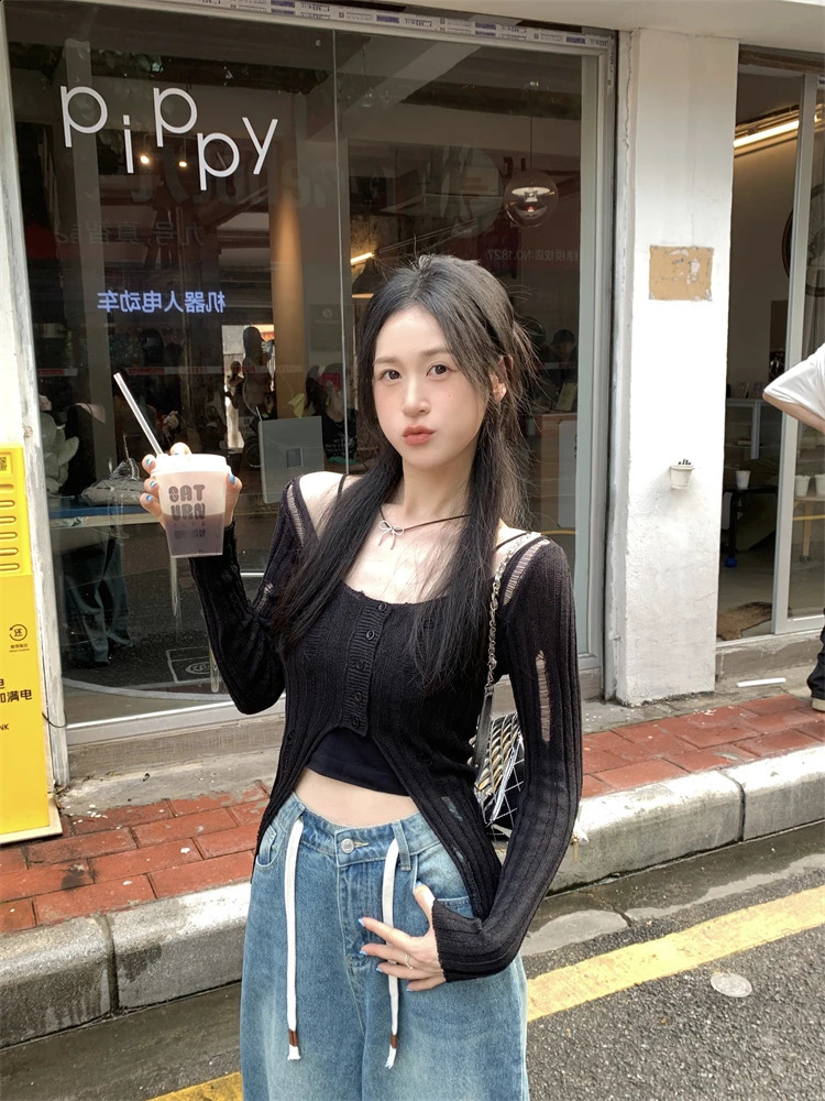 Thin Sexy Solid Knitted Top Women Summer Long Sleeve Crew Neck Cardigans Buttons n Hollow Out Korean Style Knitwear 240824