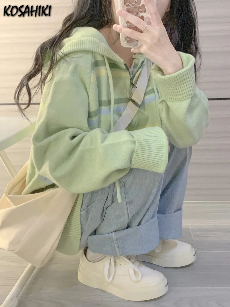 Y2k Aesthetic Stripe Hoodes Cardigans Double Zipper Women Casual Knitwear Harajuku Ladies Jacket Vintage Loose Grunge Sweater 240824