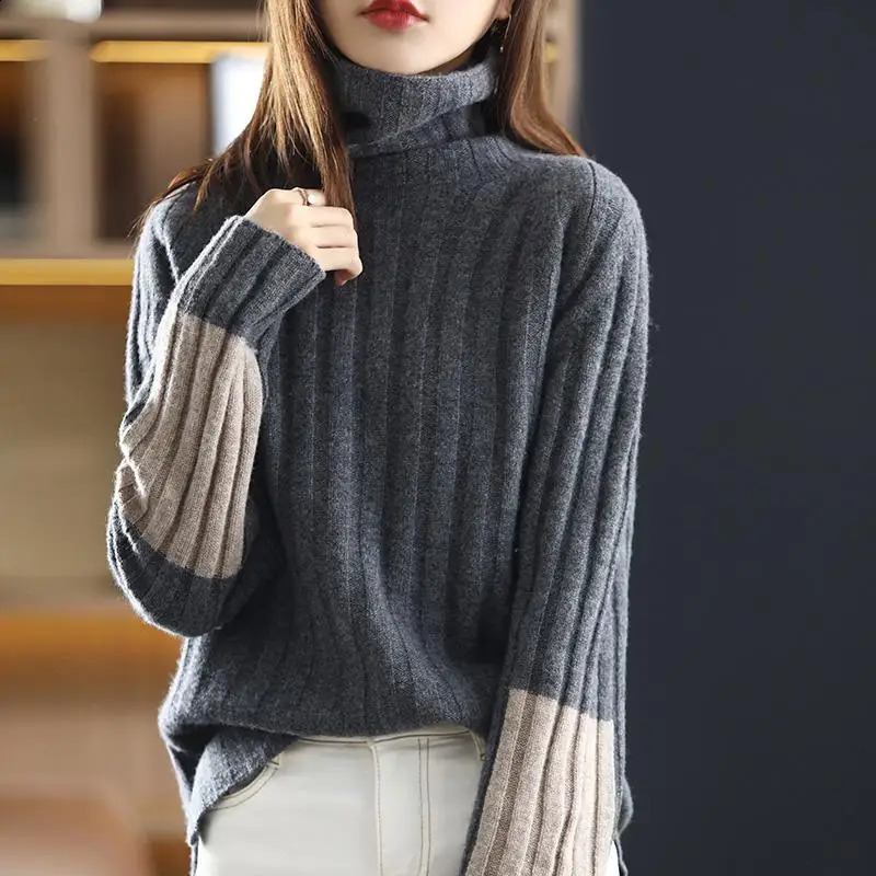 Autumn Simplicity Screw Thread Knitting Turtleneck Long Sleeve Pullovers Women Clothes Fashion Patchwork Warm Sweater Ladies 240824