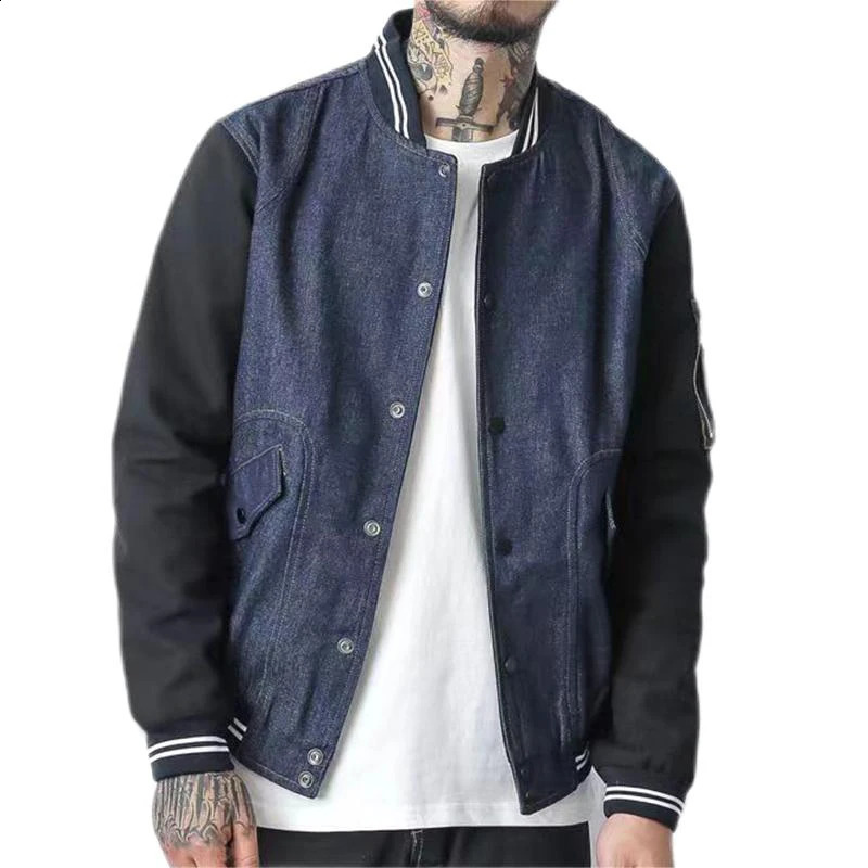 Japanese style mens patch workwear sleeves denim baseball jacket stand collar springsummer casual 240824
