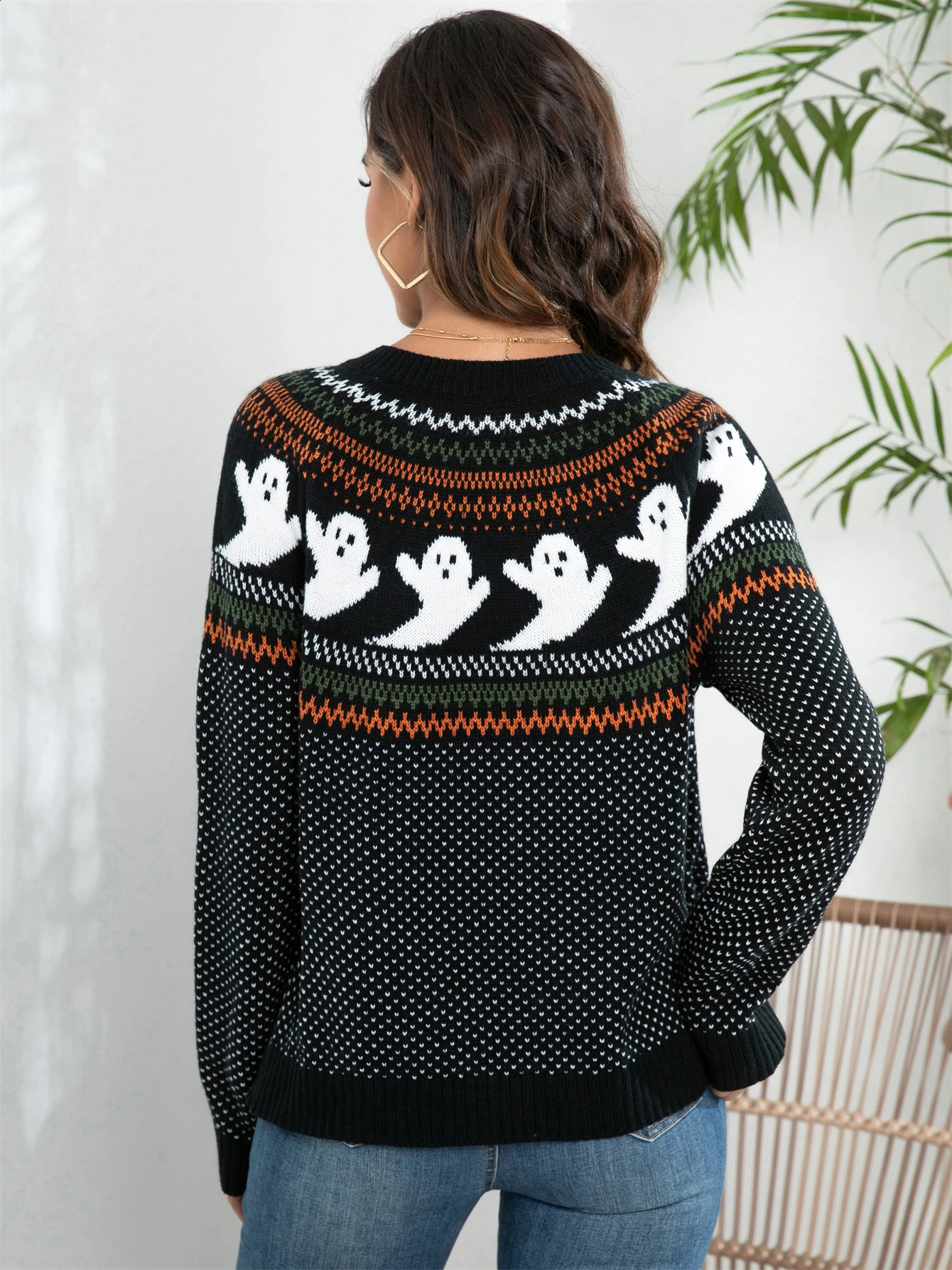 Halloween Ghost Pattern Womens Vintage Crew Neck Button Front Long Sleeve Cardigan Retro Fashion Staple Sweater 240824