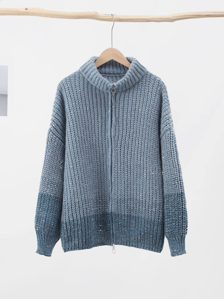 Sequin Knitted Womens Sweater Autumn Bishop Sleeve Zippers Loose Casual Sweaters Female Lady Stand Collar Outerwear 240824