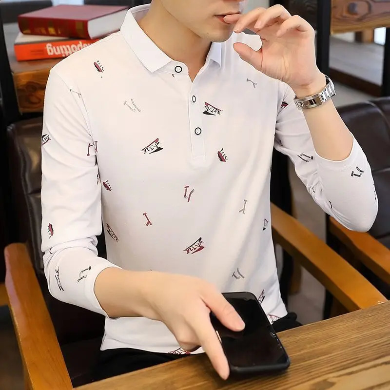 Fashion Button Printed Loose Korean Polo Shirts Mens Clothing Autumn Casual Pullovers Long Sleeve All-match Tee Shirt 240824