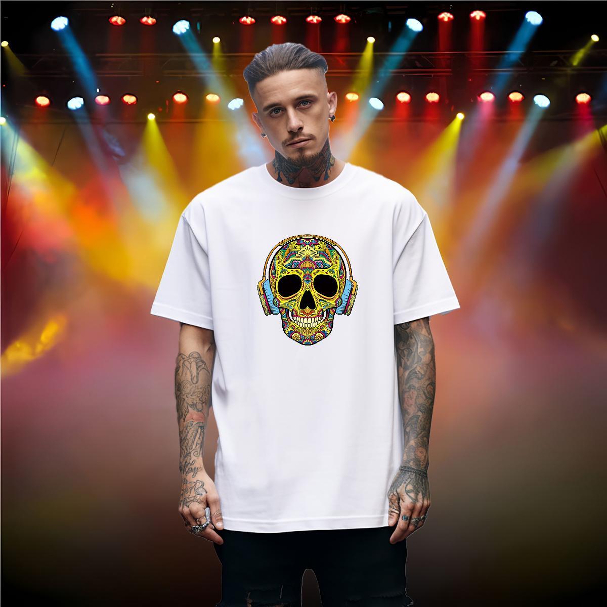 Loose T-Shirts for Men 230g 100% Cotton skull Daily Outfit Skull Short Sleeve O-Neck Men Tops Tees 2024 DIY Tee Shirt
